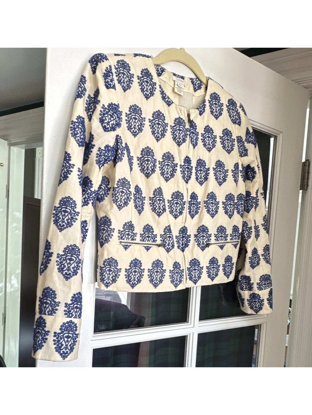 J.CREW Ivory/Blue Floral Zip Front Lined Short Jacket Long Sleeve Size 0